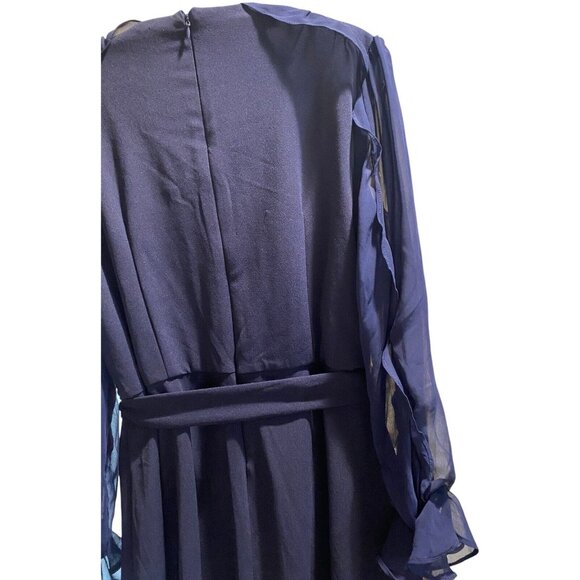 Shelby & Palmer Dress 16 Womens Midi Navy Long Sheer Sleeves Belted Ruffle - Picture 6 of 15